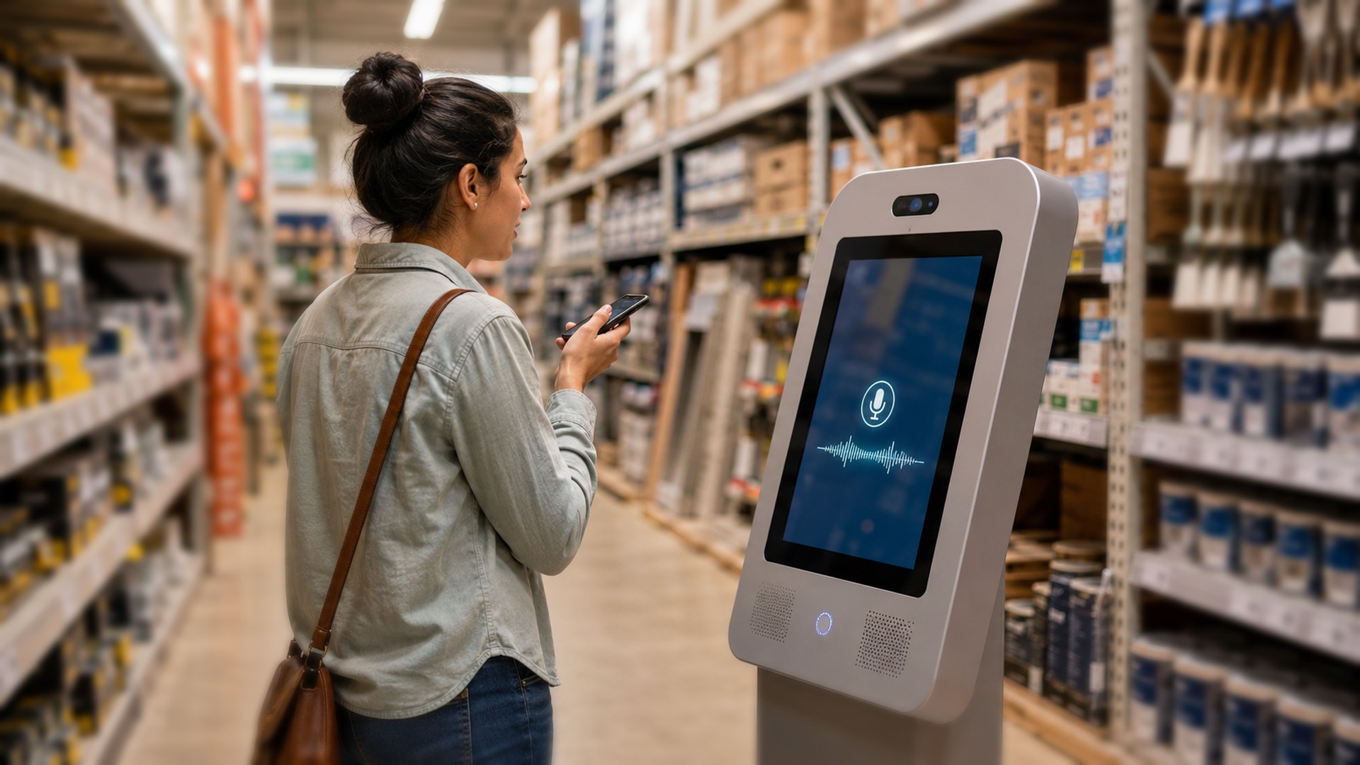 A shopper using an AI assistant kiosk in a generic hardware store aisle