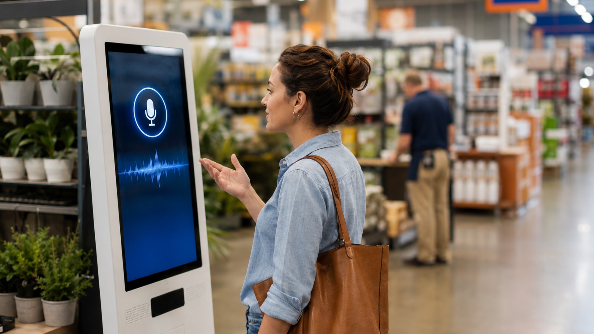 A shopper speaking with an AI assistant kiosk in a modern retail store