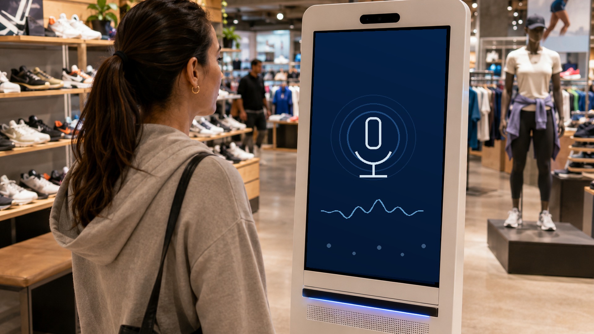 A shopper using a voice-based AI assistant kiosk inside a retail store