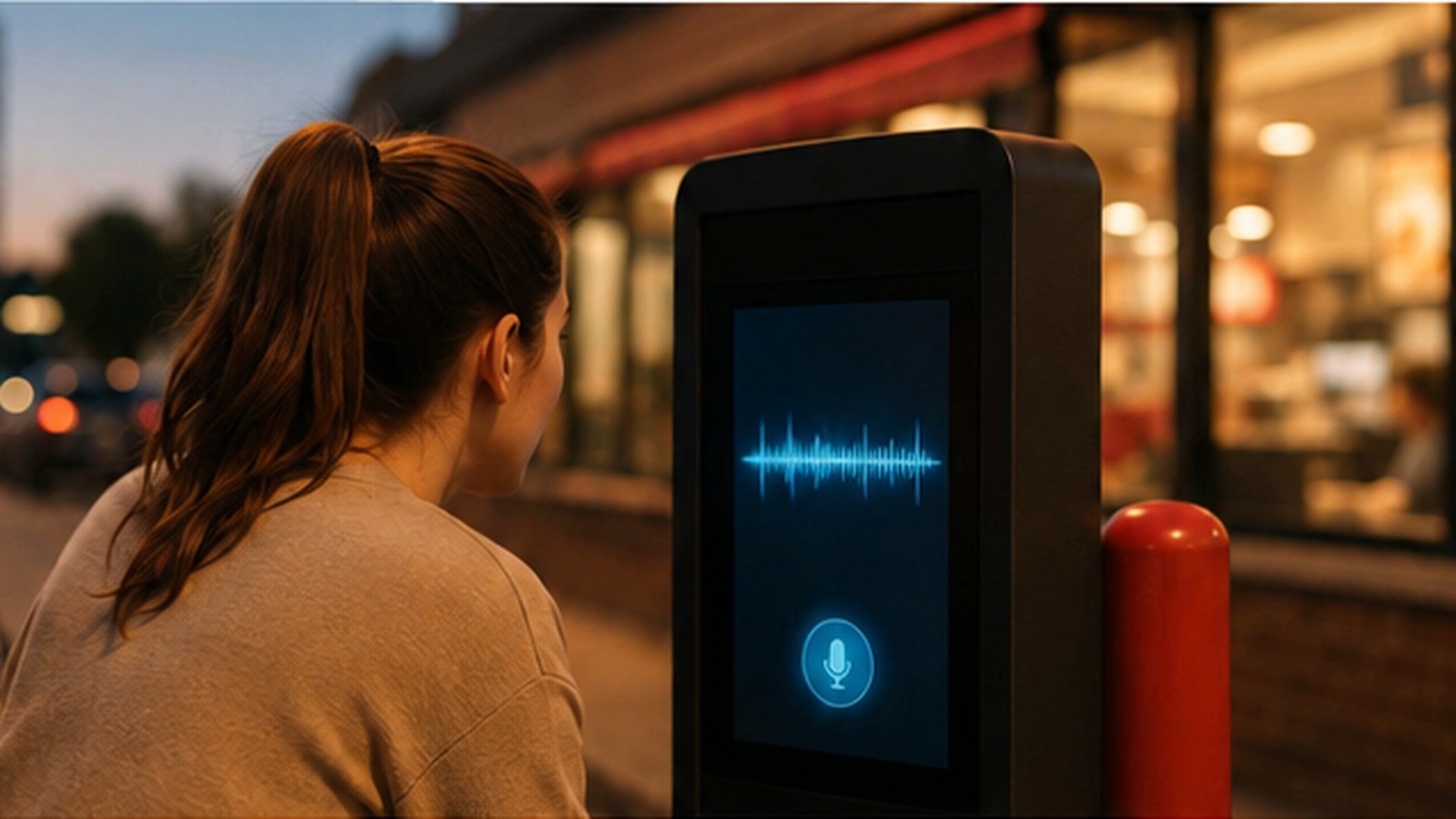 A customer speaking to a voice assistant kiosk outside a quick-service restaurant