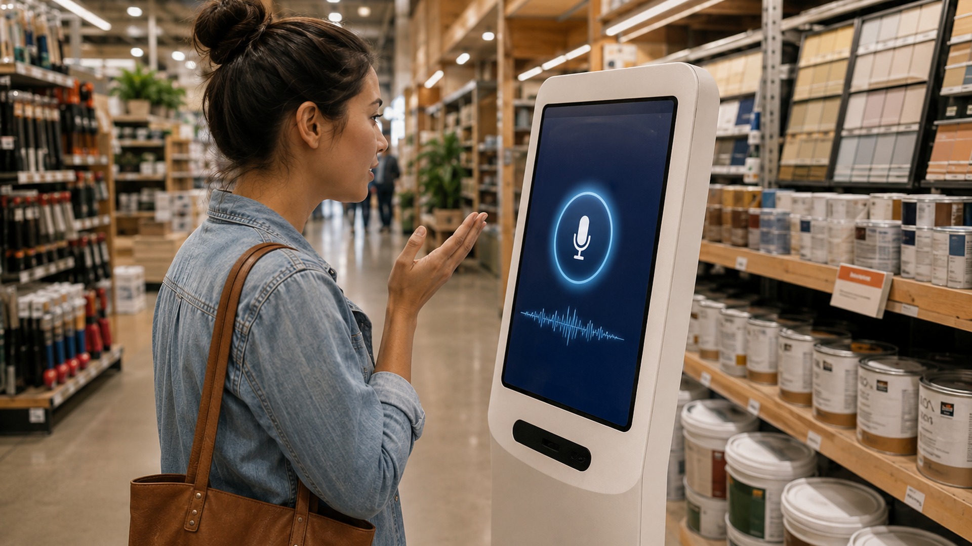 A shopper speaking to an AI voice assistant kiosk in a home improvement store aisle