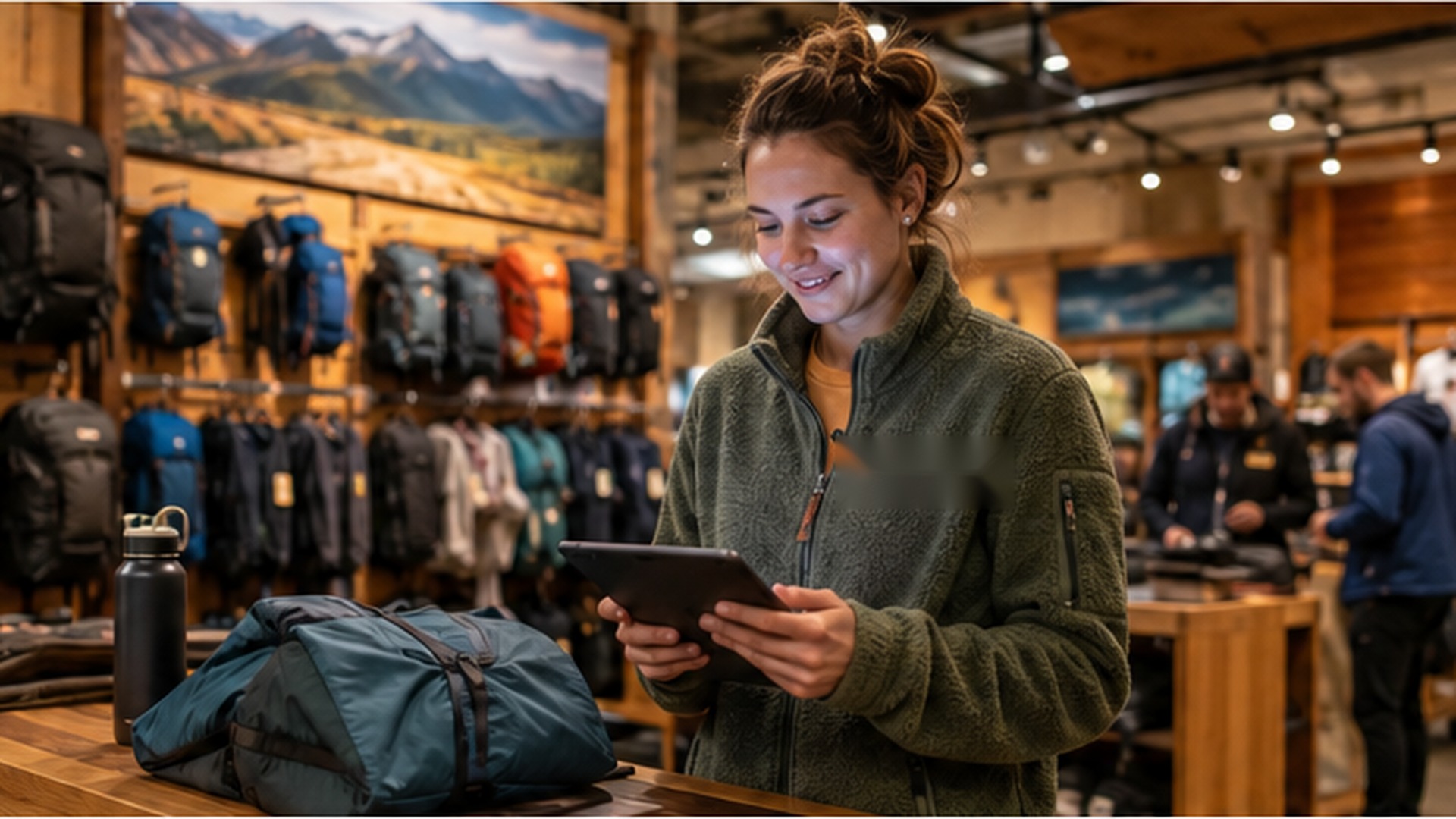 An outdoor retail associate using a tablet while helping shoppers near backpacks and hiking gear