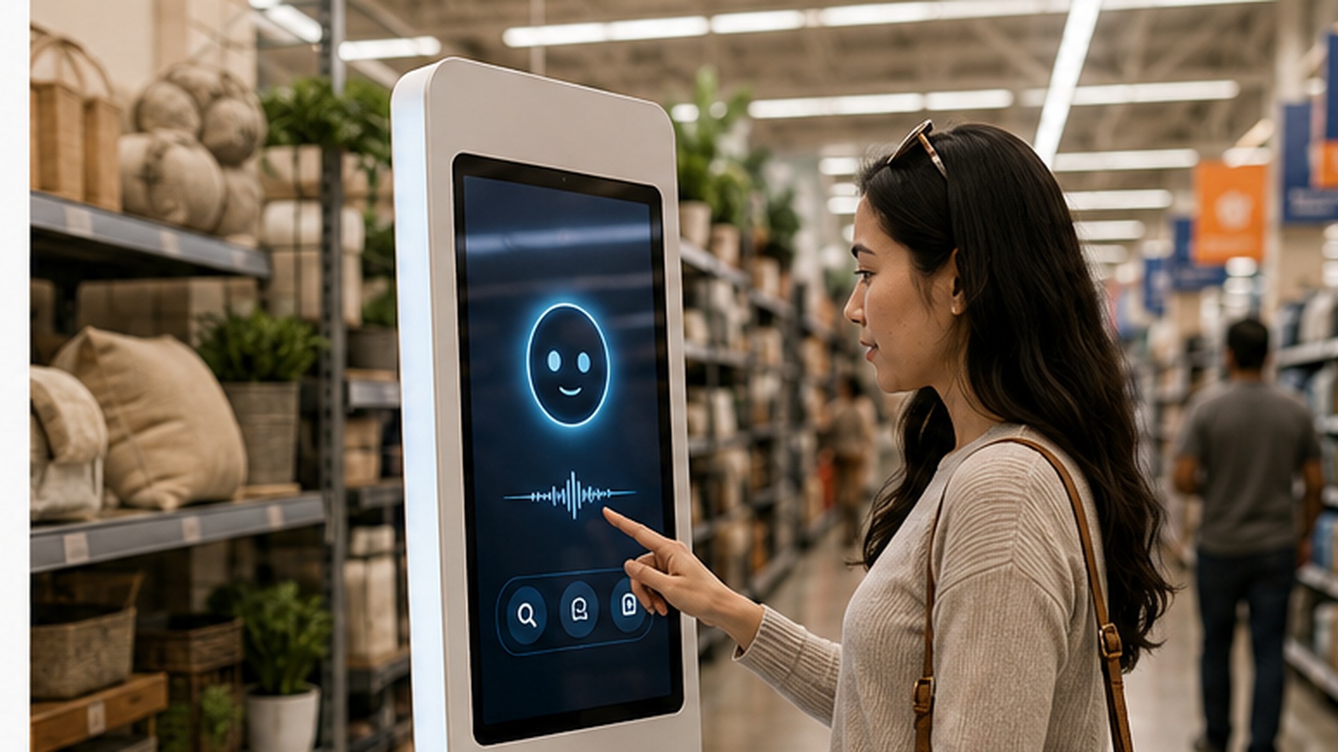 A shopper using an AI assistant kiosk in a modern retail aisle