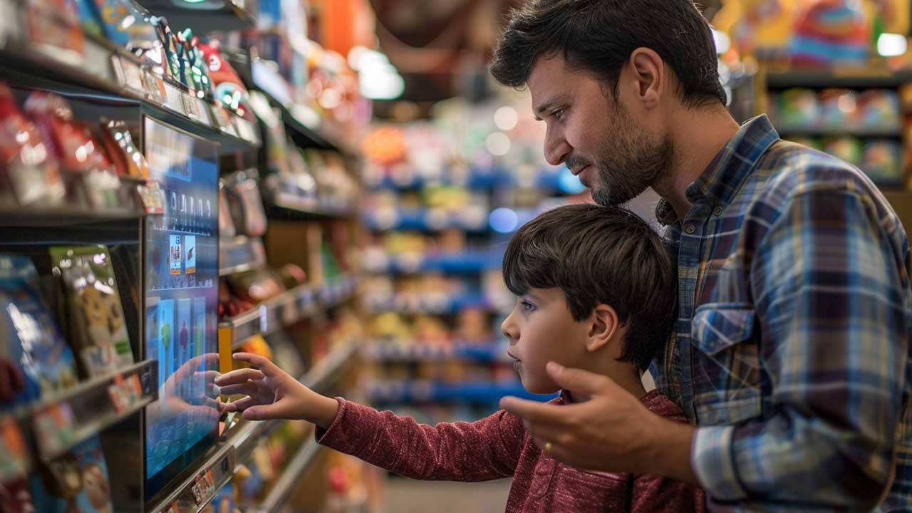 Biscuit AI kiosk helping a customer in a retail aisle