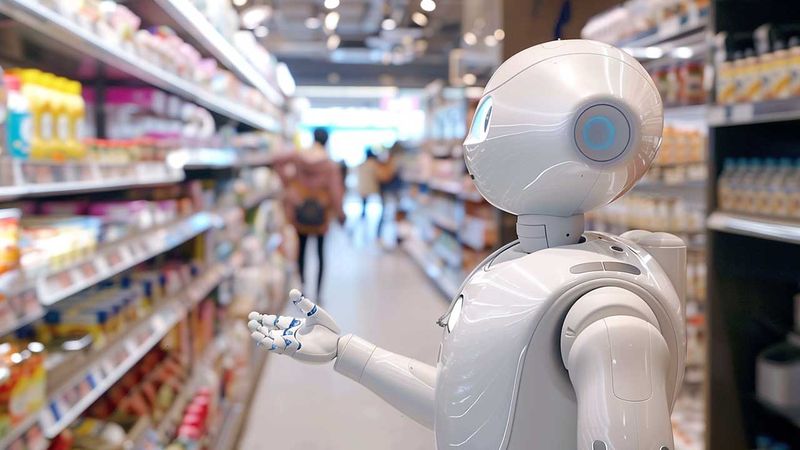 Retail AI humanoid robot assisting a shopper