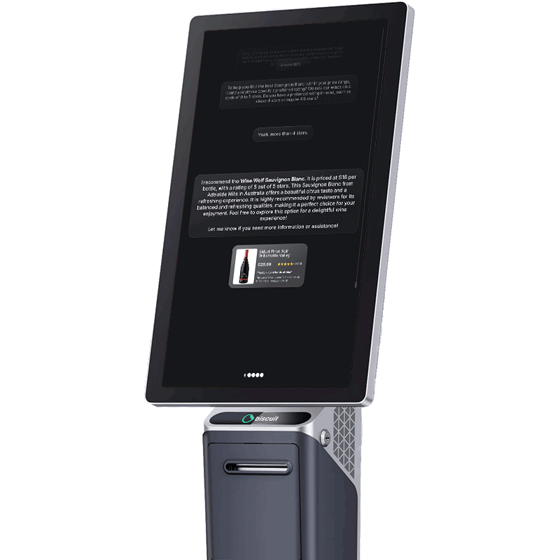 Biscuit AI K1 kiosk showing an AI product recommendation conversation