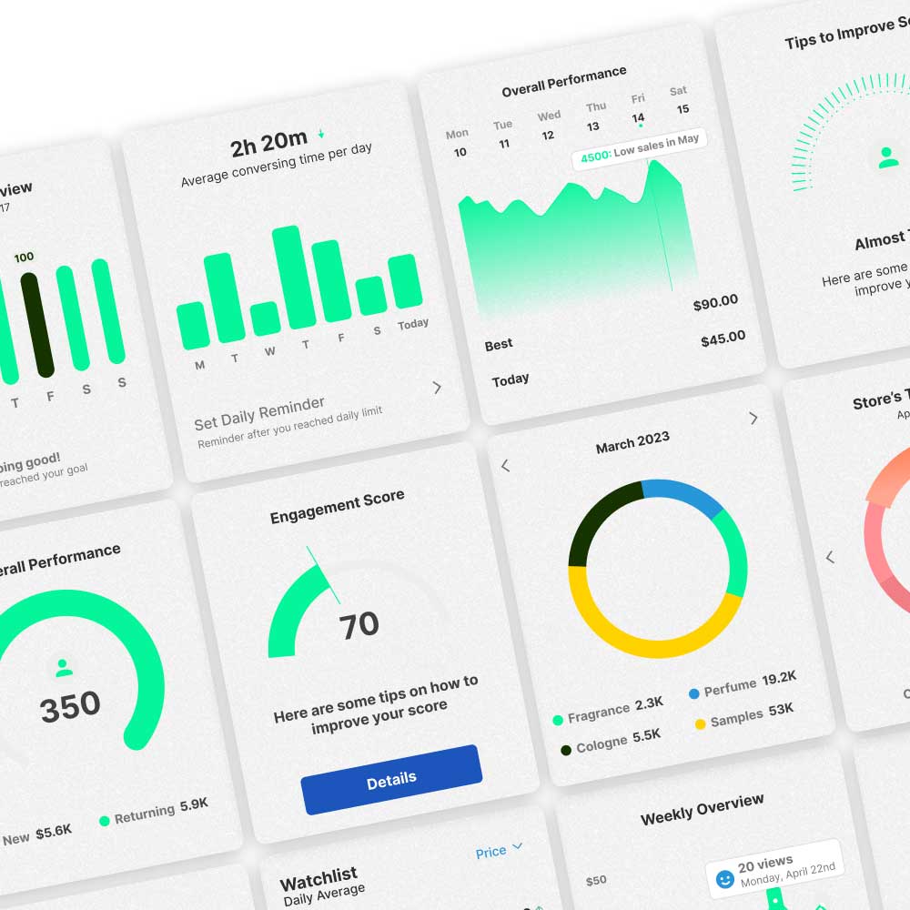 Biscuit analytics dashboard showing engagement, performance, and outcome cards
